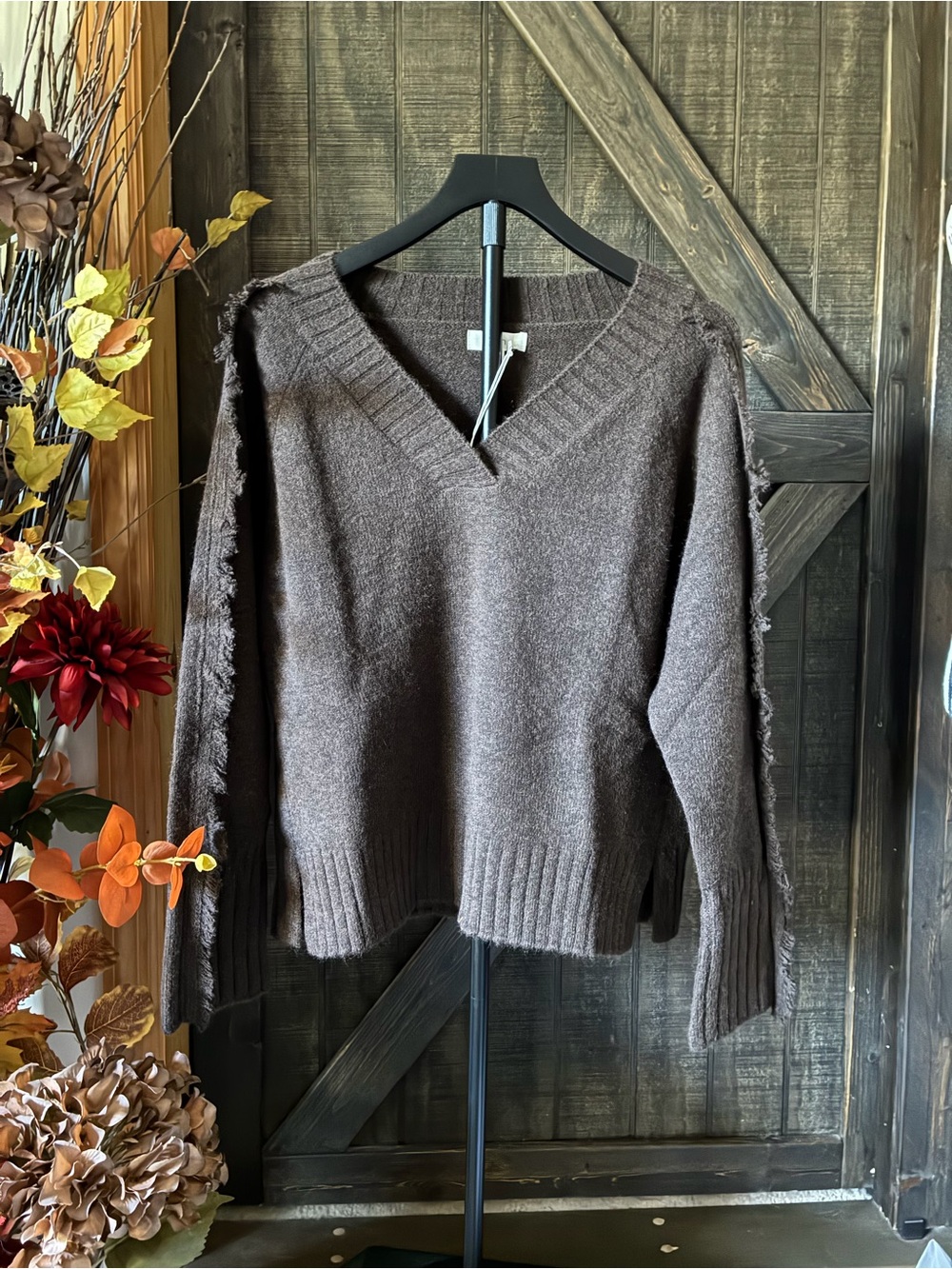 Elan Brown V-Neck Fringe Trim Sweater